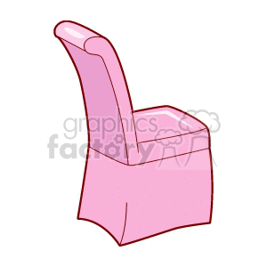 Clipart image of a pink chair with a fabric cover, featuring a rounded backrest and a draped skirt reaching the floor.