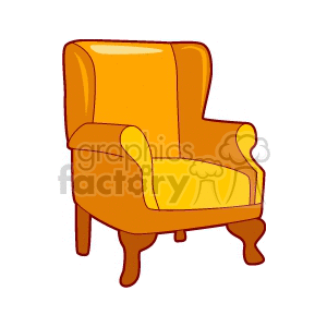 A clipart image of a classic armchair. The armchair is orange and yellow, with a cushioned seat and backrest, and wooden legs.