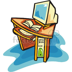 A colorful clipart image showing a computer workstation with an old-style CRT monitor, a keyboard, and an open book on a desk. The desk has a pull-out drawer for the keyboard.