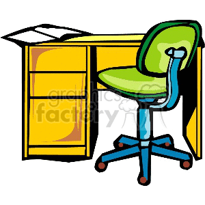 Clipart image of a yellow office desk with a green swivel chair.