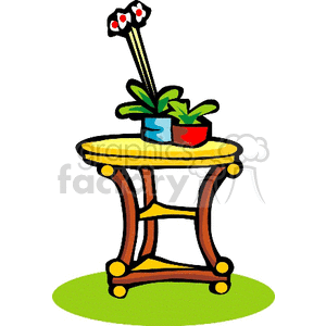 A colorful clipart image of a small round table with a yellow top and wooden legs. The table has two potted plants, one in a blue pot and one in a red pot, placed on top.