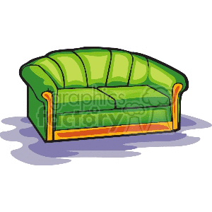 A colorful clipart image of a green sofa with orange accents, depicted with a shadow beneath it.