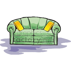 Clipart image of a green sofa with two yellow cushions.
