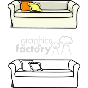 The clipart image shows two sofas, one colored and one in black and white. The colored sofa has an orange cushion and a yellow cushion placed on it.