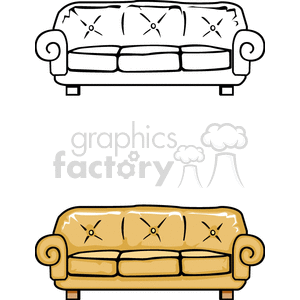 A clipart image featuring two illustrations of a sofa. The top illustration is a black and white outline of a sofa, while the bottom illustration depicts the same sofa in a yellow color.