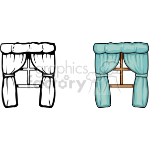 Clipart image of a window with curtains in two variations: a black and white version and a colored version with light blue curtains.