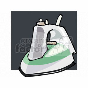 A clipart image of an electric steam iron with a light green and white design on a dark background.