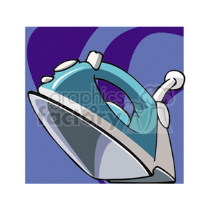 A clipart image of a blue iron with a gray soleplate, against a purple and blue background.