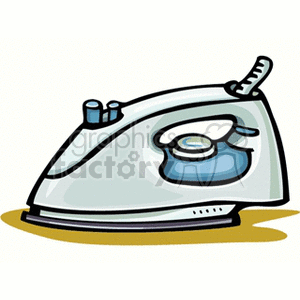 Clipart image of a steam iron with a light grey body and blue accents. The iron is shown laying flat on a surface, emitting steam.