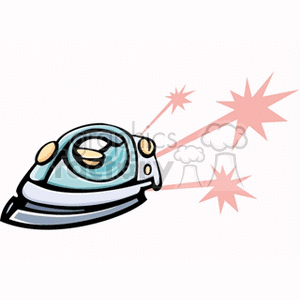 A clipart image of a clothes iron with stylized starbursts illustrating its heat or functionality.