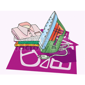 Clipart image of an iron, a neatly folded shirt, and a stack of folded clothes, depicting laundry and ironing.