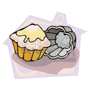 Clipart image of a cupcake with icing next to a metallic baking mold, set against a stylized background.