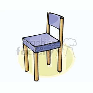 Clipart image of a simple kitchen chair with a wooden frame and a blue seat and backrest.