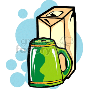 Clipart image of a green coffee mug and a carton box in a kitchen setting with a blue bubble background.