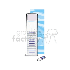 Illustration of a tower air conditioner with a remote control.