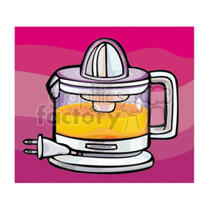 A clipart image of an electric juicer filled with orange juice, set against a pink background.