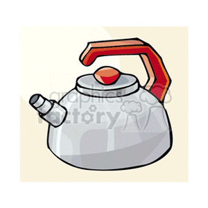 A clipart image of a gray metallic kettle with a red handle.