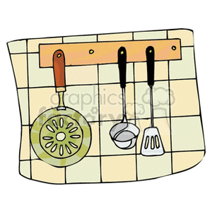 Clipart image of kitchen utensils hanging on a wall rack, including a strainer, ladle, and spatula, set against a tiled background.