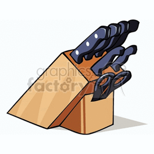 A clipart image of a kitchen knife set in a wooden block, featuring several knives and a pair of scissors.