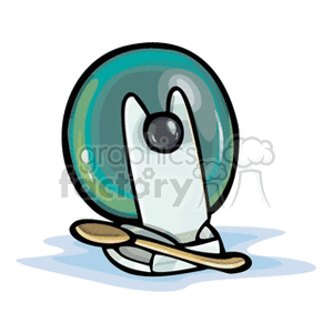 Clipart image of a kitchen scene featuring a lid, silverware, and spoon.