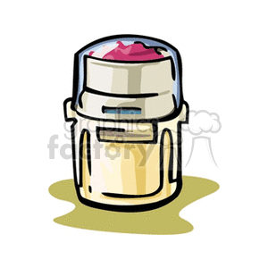 Illustration of a kitchen mixer appliance with a transparent lid and pink contents inside.