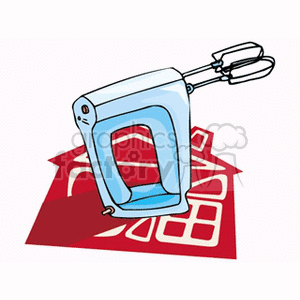 Clipart image of a blue kitchen hand mixer with a red house icon in the background.