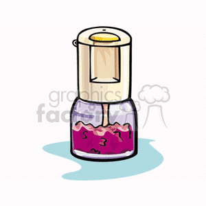 Illustration of an electric kitchen mixer with a transparent container holding ingredients.