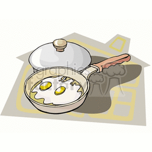 Clipart image of a frying pan with eggs cooking, next to a lid, set against a household kitchen background.