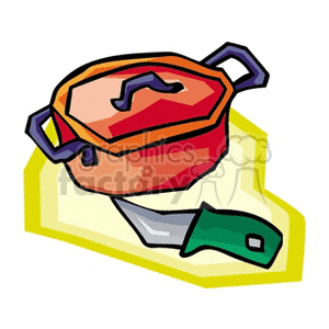 Clipart image of a cooking pot and kitchen knife.