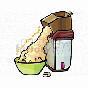 A cartoon illustration of a popcorn machine making popcorn, with popcorn falling into a green bowl.