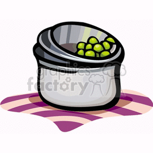 Clipart image of a cooking pot with green peas on a patterned surface.