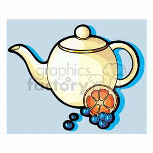 Clipart image of a teapot with fruits including an orange slice and blueberries.