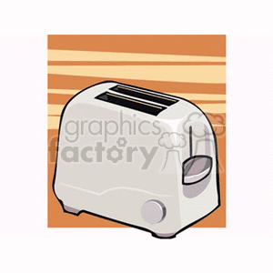 Clipart image of a white toaster with a simple design, set against a stylized kitchen background.