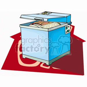 Clipart image of a top-loading washing machine with the lid open, showing clothes inside.