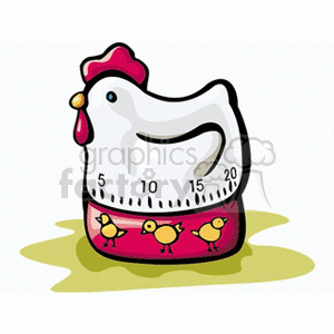 A clipart image of a chicken-shaped kitchen timer with numbers and chick illustrations.