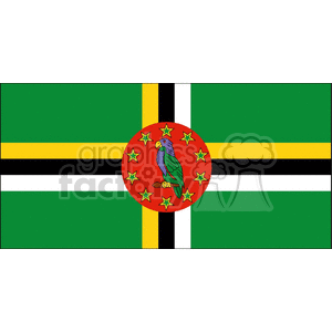 The image shows the flag of Dominica, which features a green field with a cross that consists of three bands: yellow, black, and white. The cross represents the Trinity of Christian faith. At the center, there is a red disk bearing a Sisserou Parrot encircled by 10 green stars. These stars stand for the island's 10 parishes, while the parrot is the national bird of Dominica.