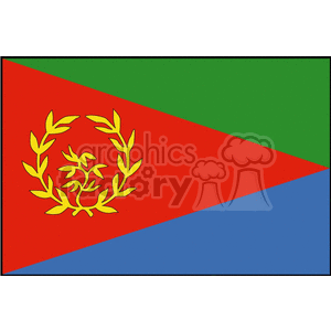 This clipart image shows the national flag of Eritrea. The flag is composed of a green triangle at the top, a red triangle below it, and a blue triangle at the bottom, with all three triangles meeting at the left side of the flag. In the red triangle, there is a golden olive wreath with a branch and leaves.