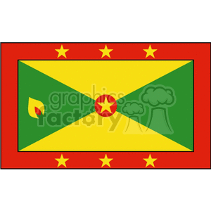 The image is a digital illustration of the national flag of Grenada. The flag features a red border with six gold stars, a gold and green chevron design with another gold star centered at the front, and a symbol of a nutmeg on the hoist side, which signifies one of the country's main exports.