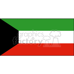 The image shows the national flag of Kuwait. The flag features three horizontal bands of green, white, and red with a black trapezoid based on the hoist side.