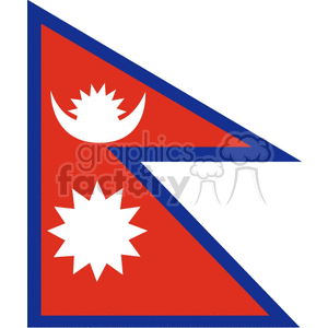 The image is a representation of the national flag of Nepal, which is the only national flag that is not quadrilateral in shape. It consists of two triangular shapes with a crimson red background, symbolizing bravery. The upper triangle contains a white stylized moon, and the lower triangle displays a white twelve-pointed sun. The blue border around the flag represents peace and harmony.