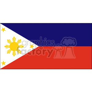 This image depicts the national flag of the Philippines. The flag consists of two horizontal bands of royal blue and scarlet red, with a white equilateral triangle at the hoist. In the center of the triangle is a golden-yellow sun with eight primary rays, each representing a Philippine province. At each vertex of the triangle is a five-pointed golden-yellow star, each of which stands for one of the country's three main geographical regions—Luzon, Visayas, and Mindanao.