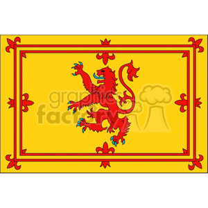 The image is a representation of the Royal Banner of Scotland. It features a red lion rampant with blue claws and tongue, within a red double border featuring alternating fleur-de-lis and Scottish thistles on a yellow or gold field.