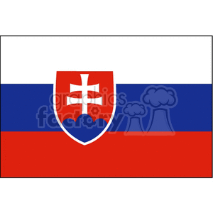 The image is a simple illustration of the Slovakia national flag. It features three horizontal bands of white, blue, and red colors from top to bottom. There is also a red shield in the center of the flag with a white cross symbol.