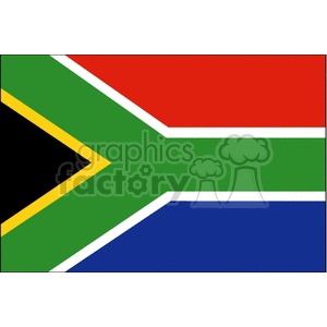 The image depicts the national flag of South Africa. The flag design includes a horizontally oriented Y-shape, where the arms of the Y extend to the corners of the flag. It comprises several colors: red is present on the top, blue on the bottom, and green is used to form the Y itself, bordered by narrow white stripes against the green and separating the red and blue sections. The left side of the flag shows a black triangle which is bordered by a yellow stripe.
