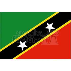 The image shows a graphic representation of the national flag of Saint Kitts and Nevis. The flag has a black diagonal band bordered by yellow, with white stars on the black band. Above the diagonal band, the flag is green, and below it, the flag is red.