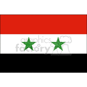 This clipart image displays the national flag of Syria, consisting of three horizontal bands of red, white, and black colors, with two green stars in the center on the white stripe.