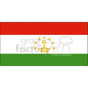 The image displays the national flag of Tajikistan. The flag consists of three horizontal stripes of red (top), white (middle), and green (bottom). In the center of the white stripe, there is a golden crown topped by seven stars in an arc formation.