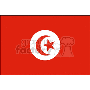 The image shows a solid red background with a white circle in the center. Inside the white circle, there is a red crescent moon that encircles a red five-pointed star. This design is the national flag of Tunisia.