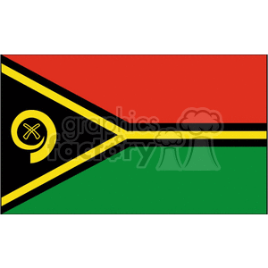 This clipart image features the flag of Vanuatu. The flag has a red field over a green field with a black triangle extending from the hoist side bearing the emblem of a yellow pig's tusk crossed with two namele leaves in the center, outlined in yellow, all edged with a thin yellow stripe.