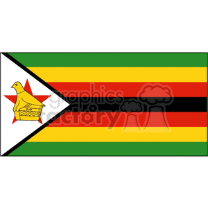 The image shows the national flag of Zimbabwe. It features several horizontal stripes in green, gold, red, and black colors. There is a white triangle with a black border on the left side, and inside the triangle is a representation of the Zimbabwe Bird sitting on a pedestal, which is a national symbol of Zimbabwe. Above the bird is a red five-pointed star.